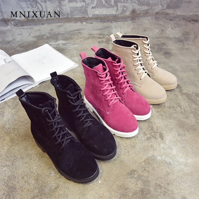 

MNIXUAN Martin boots women 2018 girl winter shoes ankle boots round toe low heels lace up platform student short boots big size9