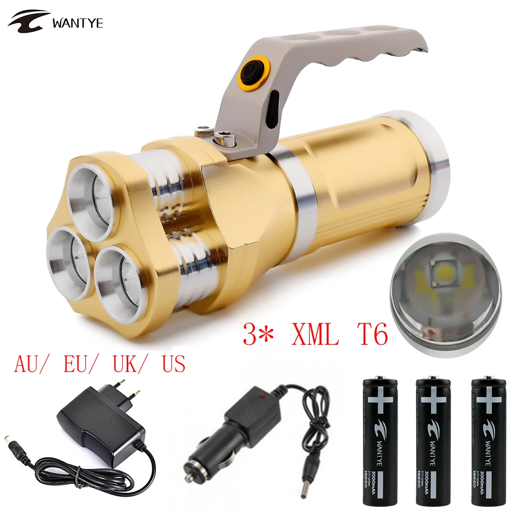 

WANTYE Rechargerable LED Flashlight 18650 Powerful 3*XML T6 10000 LM Tactical Flash Light Outdoor Waterproof Hunting Torch Light