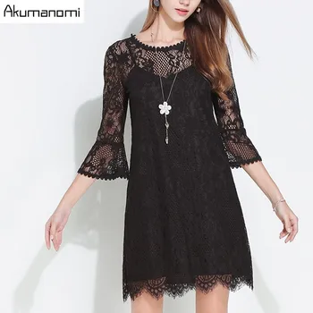 

Two-piece Dress Color Black White Slip Dress And Round Collar Flare Sleeve Lace Net Yarn Dress Plus Size 5XL 4XL XXXL XXL XL L M
