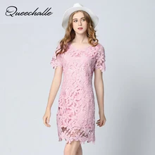 Pink Color Big Size Elegant Lace Dresses Summer Dress Sexy Hollow Out Short Sleeve Sweet Women Dress 5XL Plus Size Vestidos