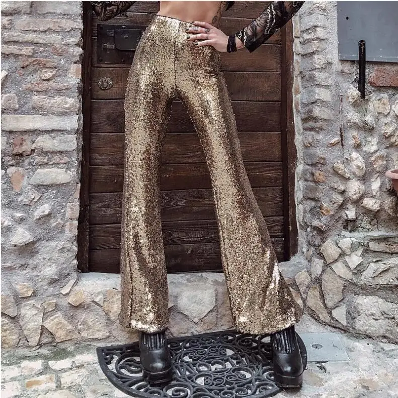 

Glitter Sequin Wide Leg Pants Women Trousers Black High Waist Flare Skinny Pants Winter Bodycon Bell Bottom Pants Female