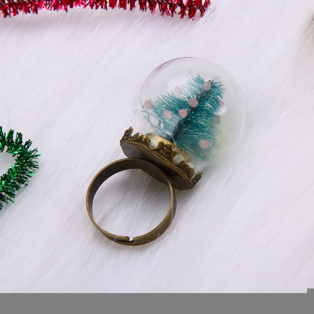 Shellhard Luminous Xmas Rings Shellhard Christmas Tree Glass Snowball Glow In The Dark Finger Ring For Women Men Jewelry