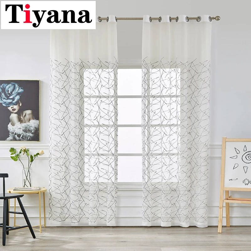 

White Fabric Tulle For Living Room Kitchen Curtains Striped Sheer Curtains Geometric Design Bedroom Window Drapes P305X