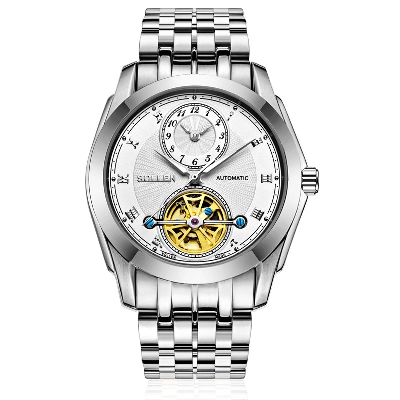 

SOLLEN SL9006 watches men luxury automatic mechanical skeleton Tourbillon luminous sapphire multi-function white stainless steel