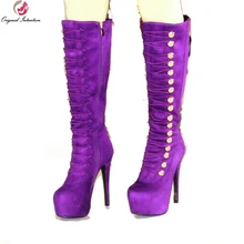 Оригинальные женские сапоги до колена; сапоги на платформе с круглым носком на тонком каблуке; красивая обувь черного, красного, фиолетового цвета; женская обувь; американские размеры 4-10,5