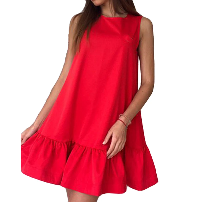 

Summer Dress Women Sundress Casual Sleeveless Beach Short Dress Ruffles Patchwork Tanks Dresses Orange Red Blue Green Clothing