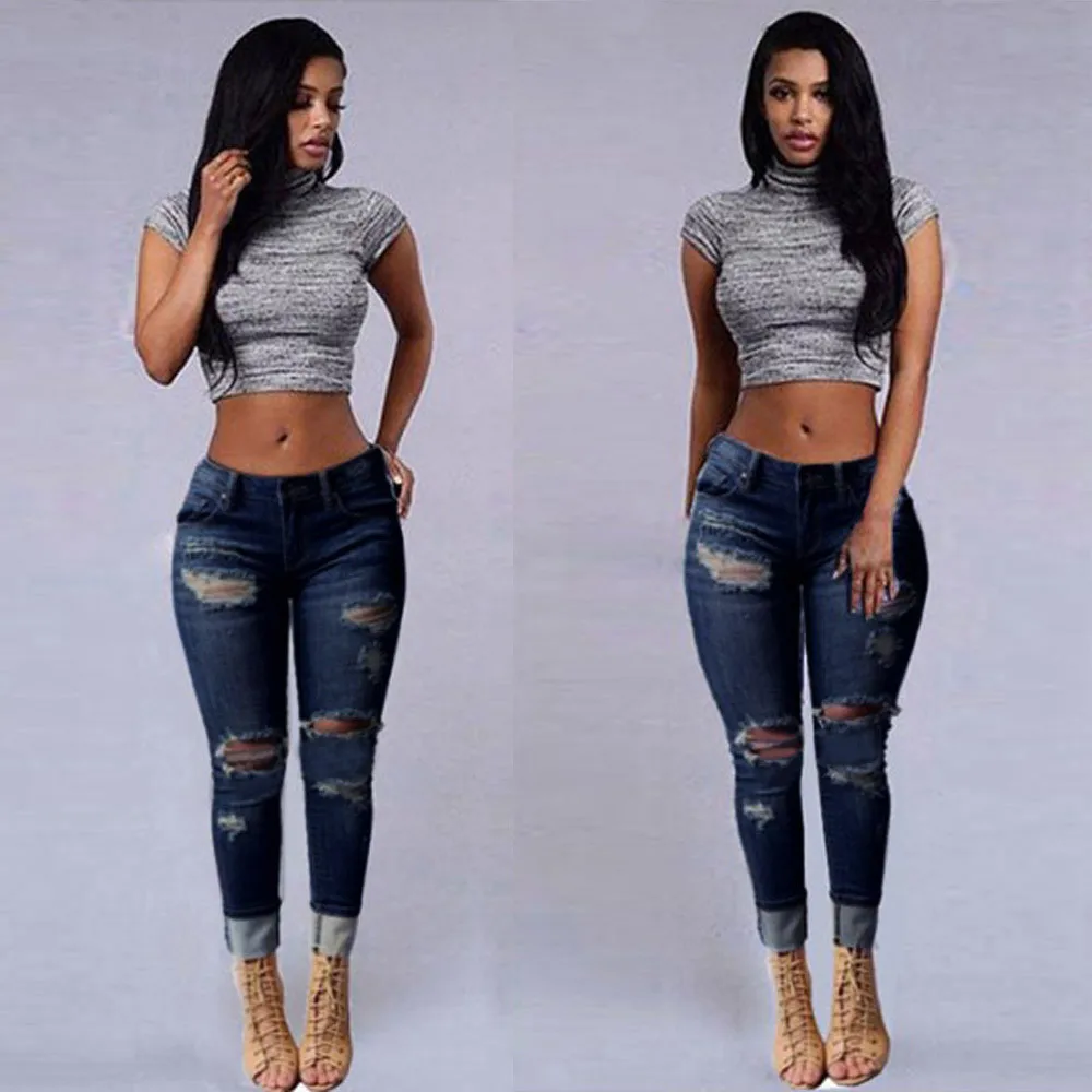 2018 High quality Women Skinny Ripped Holes Jeans Pants High Waist ...