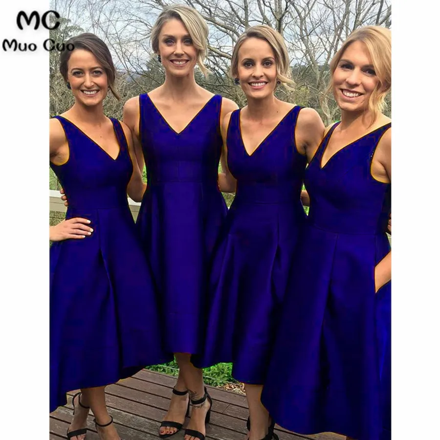 A-line V-neck Navy Satin Wedding Midi Bridesmaid Dresses High Low Party Dress 4