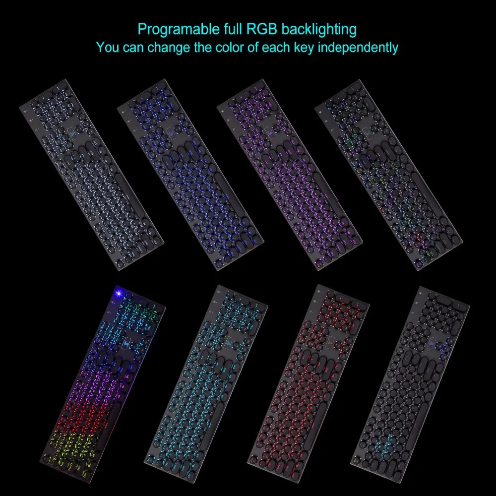 Ретро RGB Механическая игровая клавиатура Программируемый RGB подсветкой синий переключатель тактильные Clicky Водонепроницаемость 104 клавиши anti-ореолы