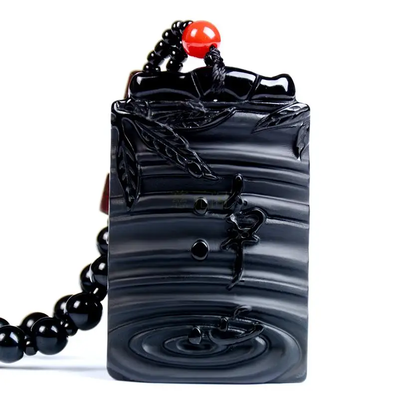 

Beautiful Handwork Natural Obsidian Carved Chinese Bamboo Buddha Lucky Amulet Pendant + Beads Necklace Fashion Jewelry