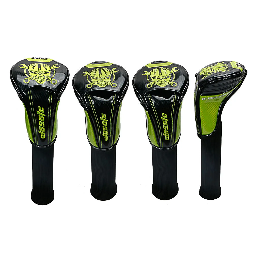 نادي الغولف Headcovers 1 # سائق 3 #5 # الخشب # الهجين غطاء أسود بو الجلود مع الأخضر الجمجمة التطريز رئيس يغطي شحن مجاني