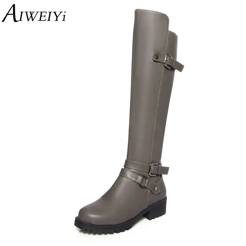 

AIWEIYi PU Leather Over te Knee Boots for Women Round toe Med Heels Martin Boots Buckle Design Autumn Winter Shoes Woman