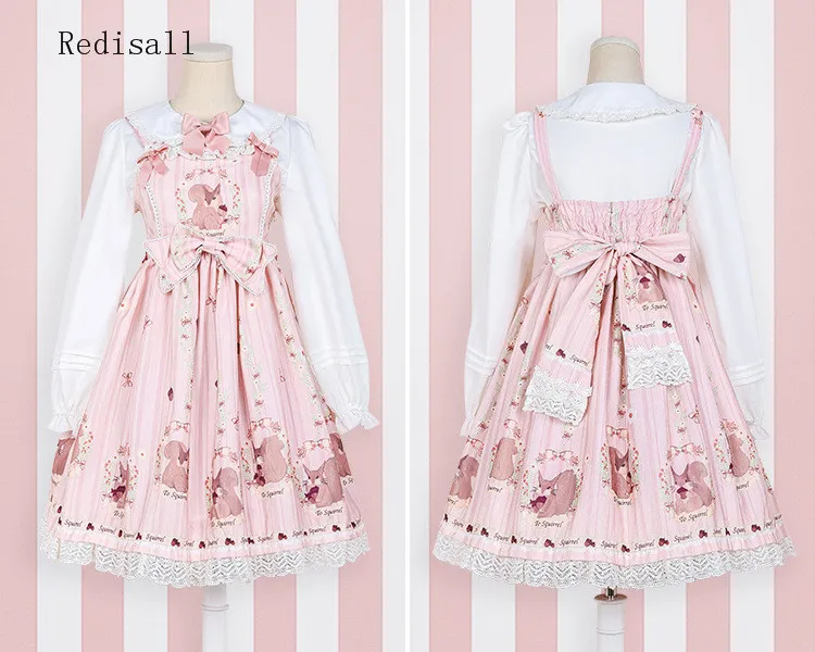 Милое Платье в стиле Лолиты с высокой талией, с бантом, без рукавов, с длинными рукавами, с милой белкой, блузка, рубашка для девочек, 0801 - Цвет: Pink Set 01
