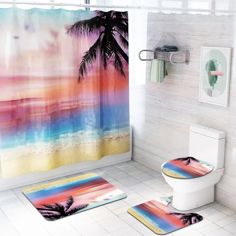 

Dusk Beach Print Shower Curtain 4 Piece Carpet Cover Toilet Cover Bath Mat Pad Set Bathroom Curtain with 12 Hooks