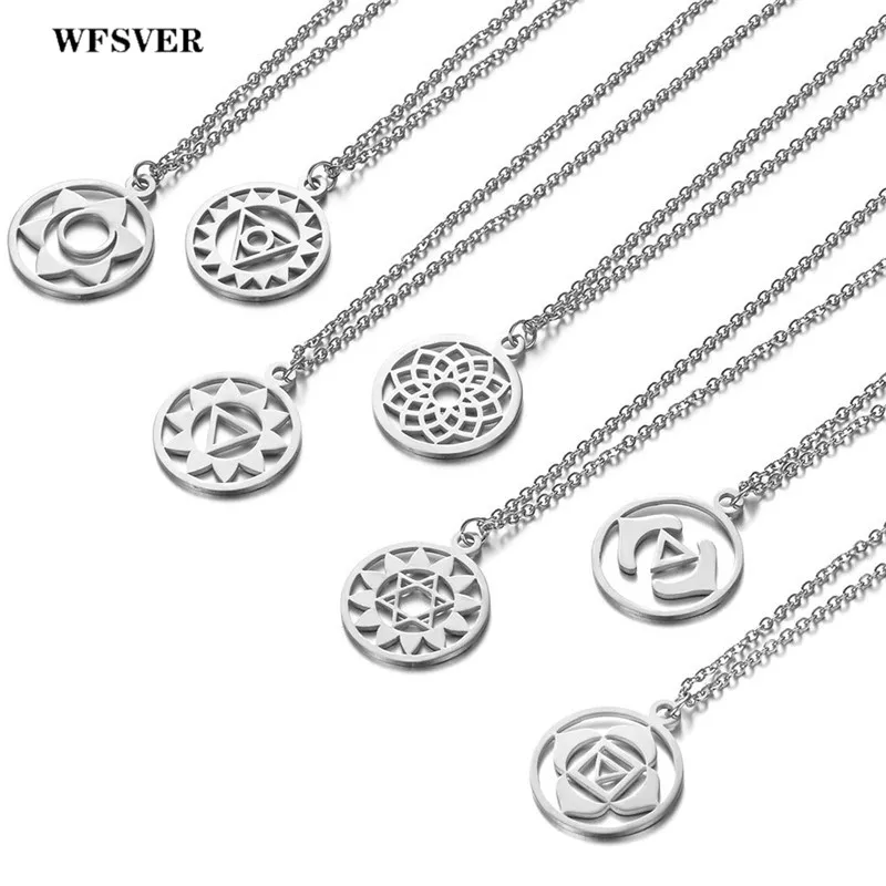 

WFSVER Indian style necklace Yoga 7 chakra pendant necklace silver color stainless steel necklace for women men fashion jewelry