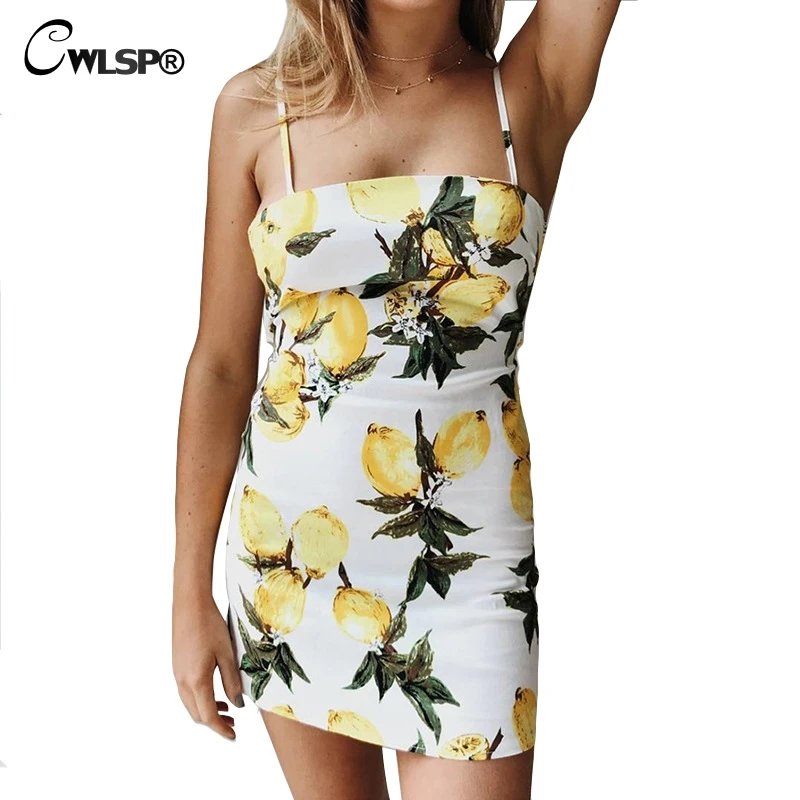 CWLSP Printed fruits Lemon Summer Dresses Women Mini Beach dress 2018