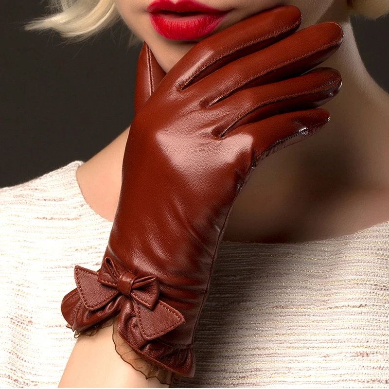 Cheap BOOUNI Genuine Sheepskin Gloves 2019 Fashion Wrist Lace Bow Solid Women Leather Glove Thermal Winter Driving Keep Warm NW176