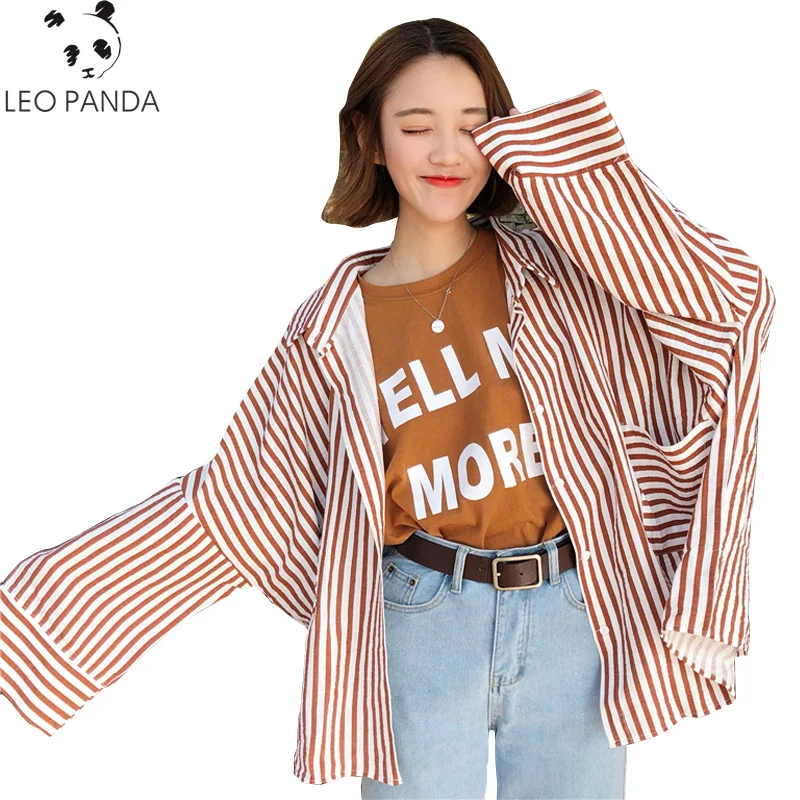 Лето Chic Harajuku Стиль полосатый принт Полный Длинные Блузки Для женщин 2018 Модная