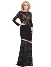 2018 New Sexy Plus Size Mulheres Longos Vestidos Preto Longo mangas Ver Através de Rendas vestido de Noite Vestidos Maxi V1042 renda