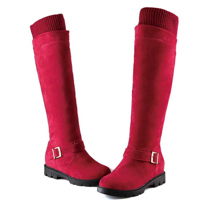 Haoshen& Girl/женские сапоги для верховой езды выше колена зимняя обувь теплые высокие сапоги на каблуке женская модная обувь с круглым носком, G107 - Цвет: Красный