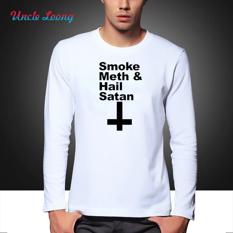Style Fashion SMOKE METH HAIL SATAN T Shirt Men Casual long Sleeve Keep Calm and Worship Satan Funny O-neck Autumn T-shirt | Мужская