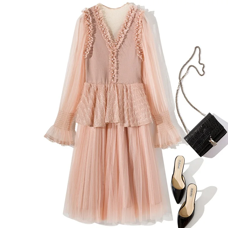 apricot High Quality Sweater Dress Spring Autumn Knitted Dress Women Appliques Beading Sexy Sheer Mesh Patchwork Long Sleeve Dress - Цвет: apricot