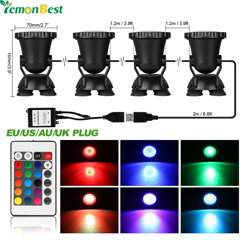 

4pcs/lot Aquarium Led Lighting Remote Control RGB 36-LED Underwater Spot Light IP68 for Water Garden Pond Fish Tank Light