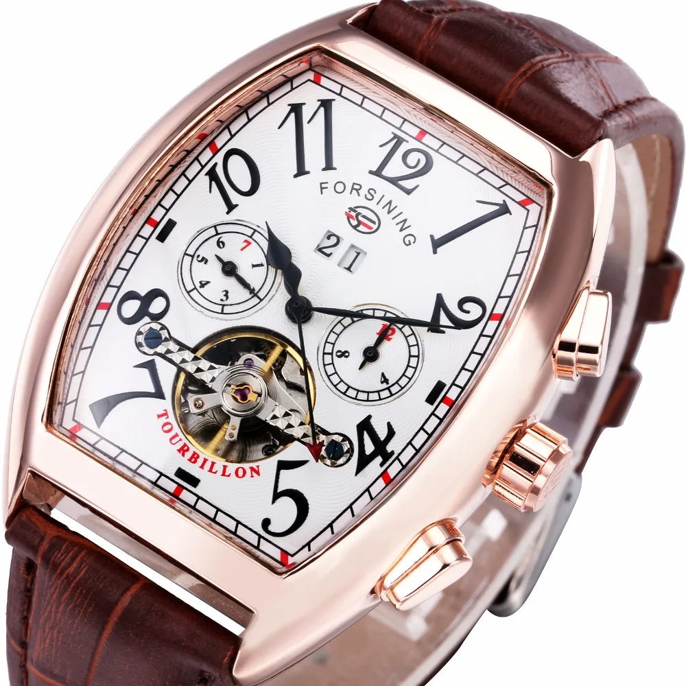 2016 Top Brand Men Women Auto Mechanical Watch Multifunction Tourbillon Couple Wristwatch Leather Band Calendar Tonneau