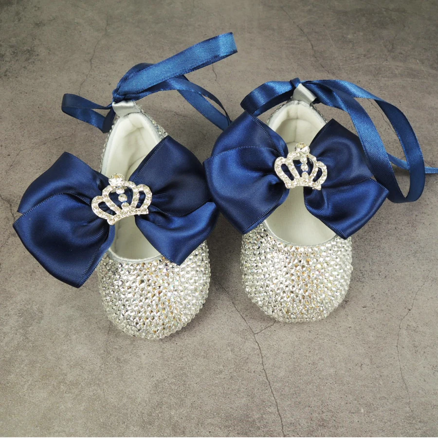 Пользовательские искристый Блестящий детская обувь ручной работы новорожденного мягкой подошвой Корона Лук со стразами лента с принцессами обуви Оголовье BB31