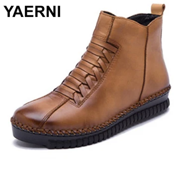 

YAERNI Fashion Sewing Genuine Leather Winter Women Ankle Boots Warm Short Plush Inside Rubber Sole Non-slip Women's Shoes E614