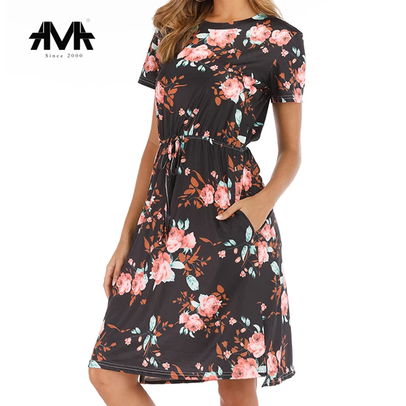 

New Fashion Summer Dress Bohemia Women Dress Flower Print Short Sleeve Round Neck Knee-Length Dress Female Dress