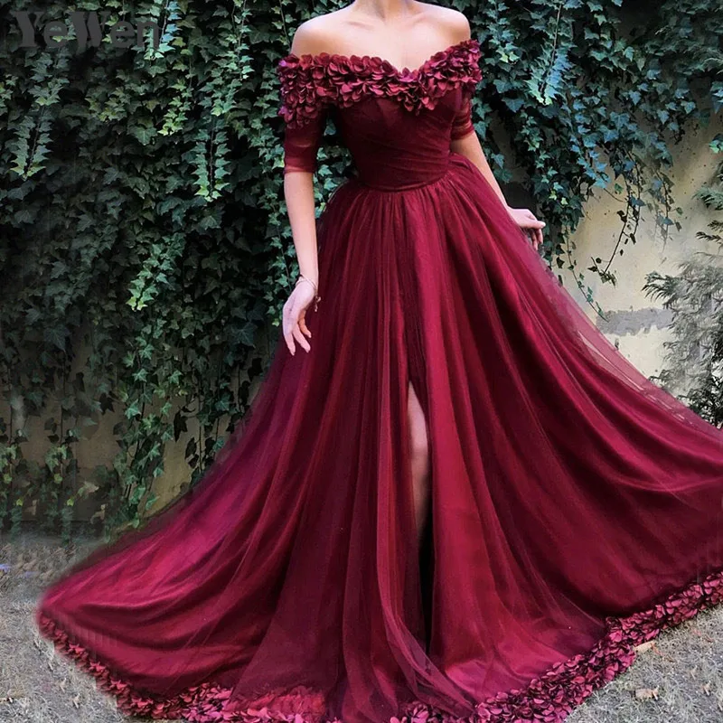 

Charming Burgundy Evening Dresses 2019 A-Line Off The Shoulder Flowers Dubai Saudi Arabic High Split Evening Gown Prom Dress