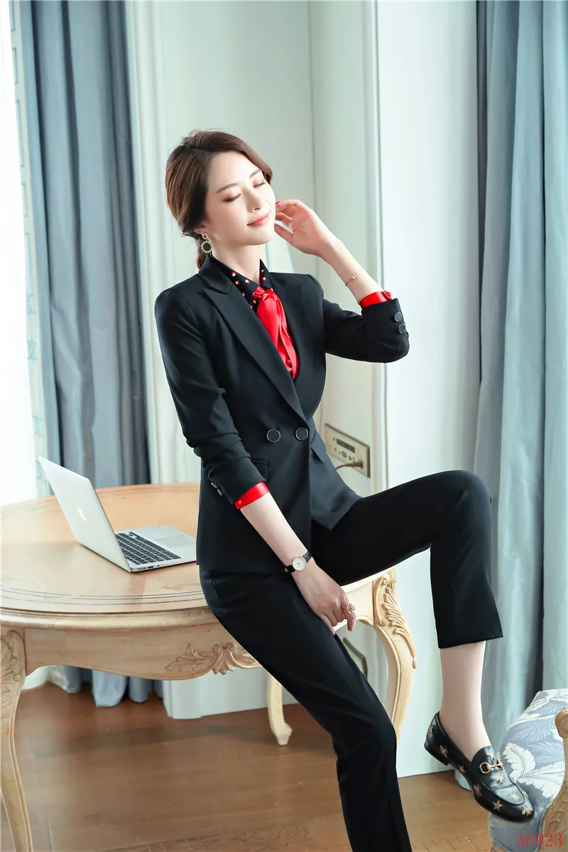 Usure marine Bureau Femmes Noir Ensembles Uniforme Bleu Travail Costumes Blazer Qualité Et Veste Dames Formelle D'affaires Noir Haute Pantalon WT1zFqBwx