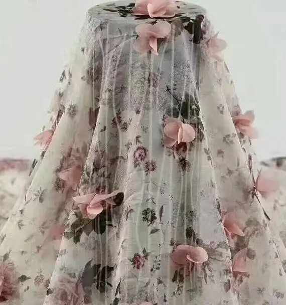 

wedding decoration organza lace fabric with 3D chiffon rosette, 3D rosette fabric 1yard