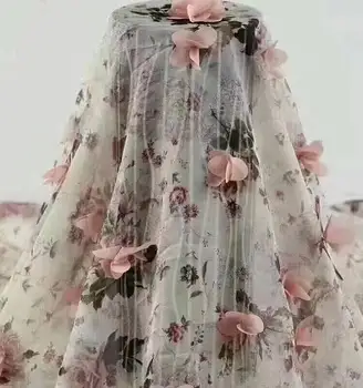 

wedding decoration organza lace fabric with 3D chiffon rosette, 3D rosette fabric 1yard