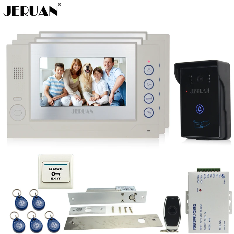

JERUAN 7`` Video door phone intercom system and three monitors+ RFID waterproof Touch Camera+Electric Drop Bolt lock+8GB Card