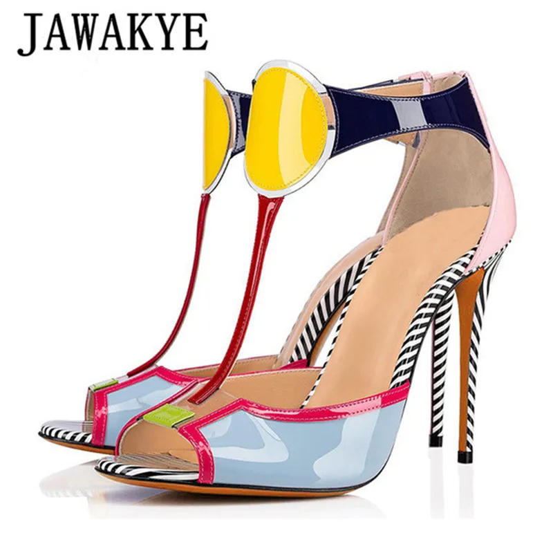 

JAWAKYE Candy Mixed Color Sandals Women Sexy Peep Toe Zebra-pattern Thin Heel Summer Gladiator Shoes Back Zip Stilettos Women