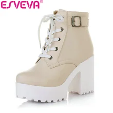 ESVEVA 3 Color Winter Lace Up Sexy Women Boots Fashion Platform punk high square heels Black