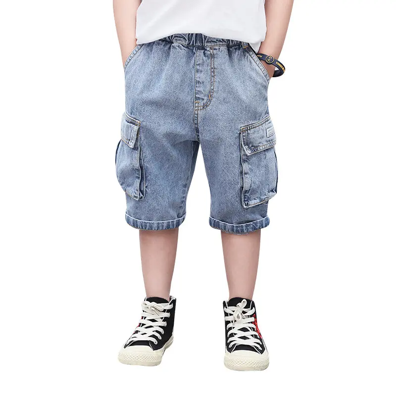 Calças de Brim Curto em Linha Calças de Carga Meninos Curtas Verão Crianças Casual Denim Calças 4y-13y Menino Macio Algodão Bolso Jeans Reta