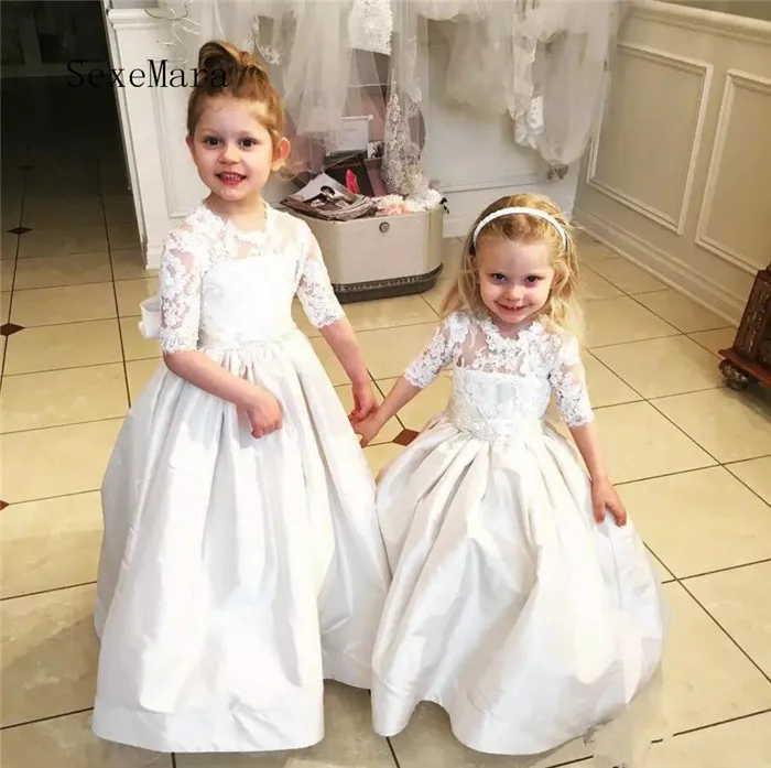 

White Ivory Half Sleeves 2018 Flower Girls Dresses for Wedding Lace Applique Crew Neck Sheer Ankle Length Girls Communion Gown