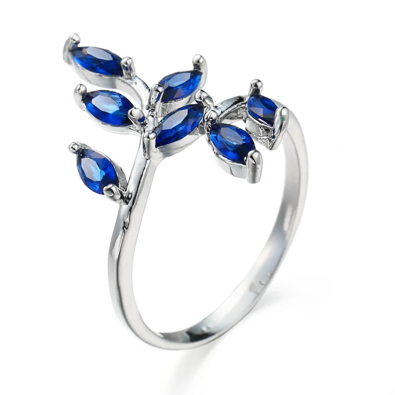 

Blue Stone Ring Blue Leave Crystal Plant Wedding Ring with Paved AAA Cubic Zircon Silver Plating Ring for Women