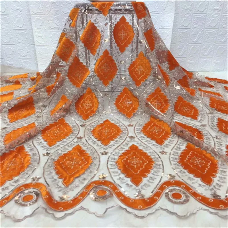

8 colors fashion orange African velvet French net lace fabric soft and smooth with sequins for party dress