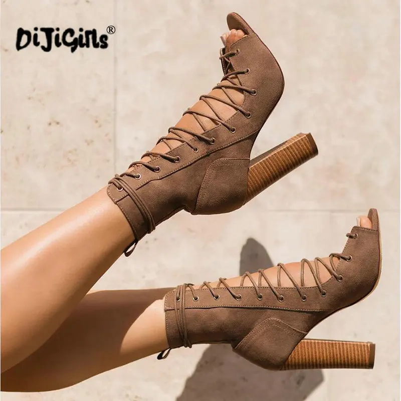 

Gladiator Style Open Toe Suede Lace Up Chunky Heel Sandal Boots Spring Autumn Block Heels Ankle Booties Woman Shoes