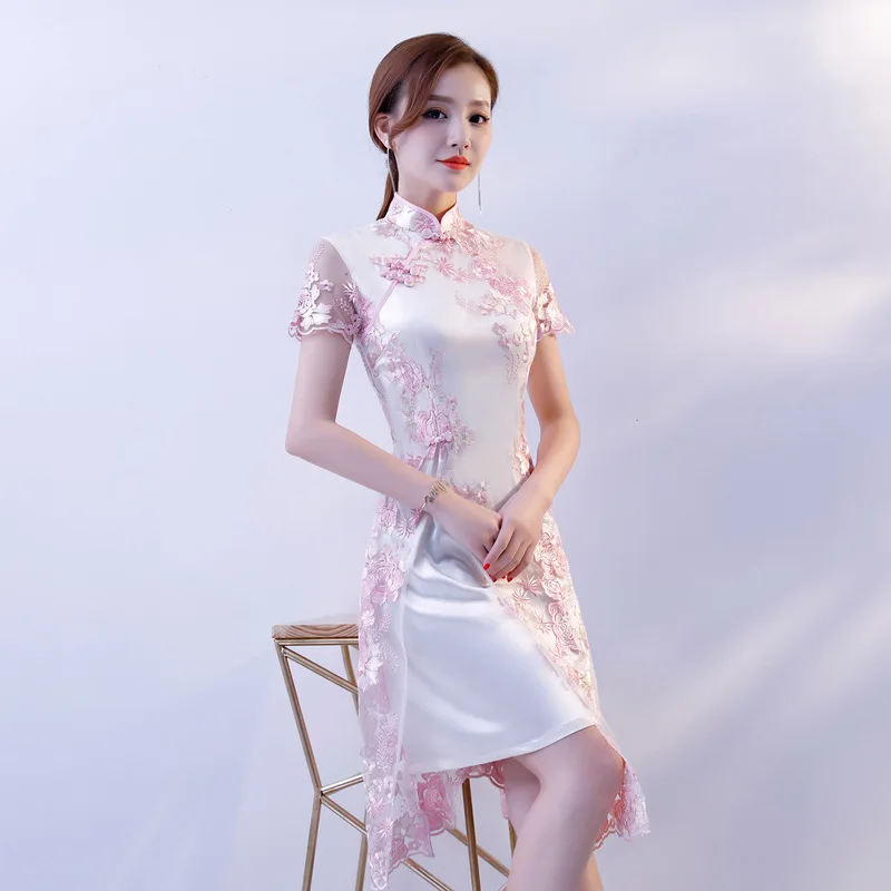 Chino tradicional de encaje bordado cheongsam vestidos de manga corta qipao corto grande para la boda prom party cocktail - 1