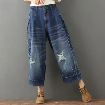 

Wide Leg Straight Denim Pants Ladies Pattern Scratched Ripped Holes Jeans Elastic Waist Ankle-length Trousers Pantalon G101104