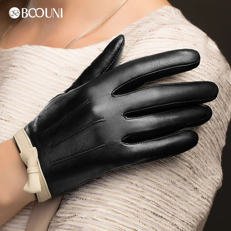 BOOUNI Genuine Leather Gloves Fashion Trend Women Sheepskin Glove Warm Spring Autumn White Bow Leather Mittens DW109