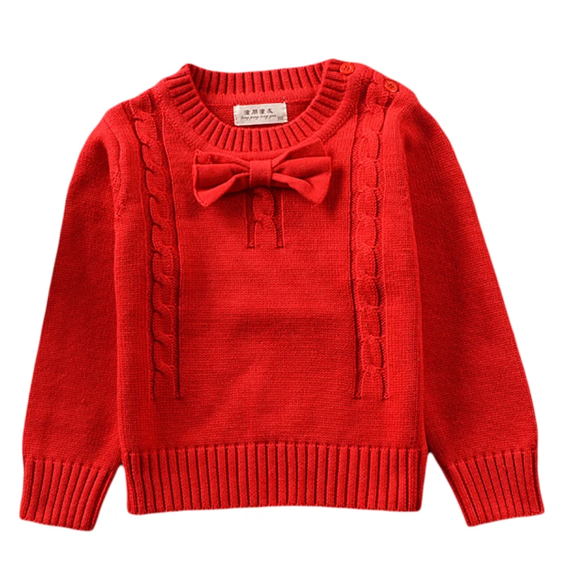 Детский однотонный свитер с бантиком весенне-осенний повседневный вязаный пуловер из хлопка красного и серого цвета с длинными рукавами с круглым вырезом верхняя одежда на возраст от 18 месяцев до 5 лет GW20 - Цвет: Red