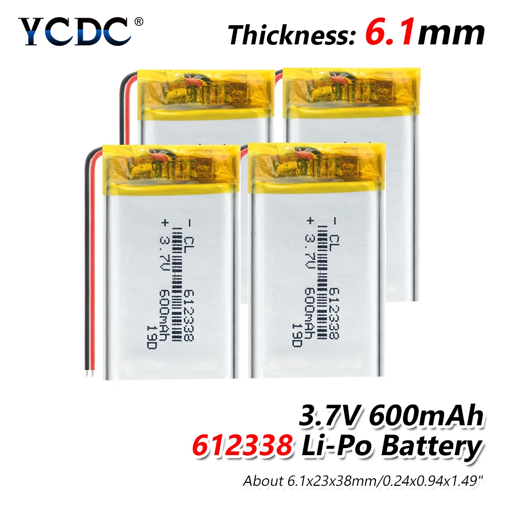 

612338 3.7v 600mAh 1/2/4Pcs Lithium Polymer Battery 3 7V Volt Lithium Ion Rechargeable Replacement Battery for DVD Navigation
