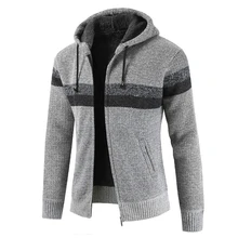 2019 Winter Men Sweater Men's Cardigan Sweater Striped Plus Velvet Thickening Hooded Men's Tide Distressed Sweater Long Sleeve