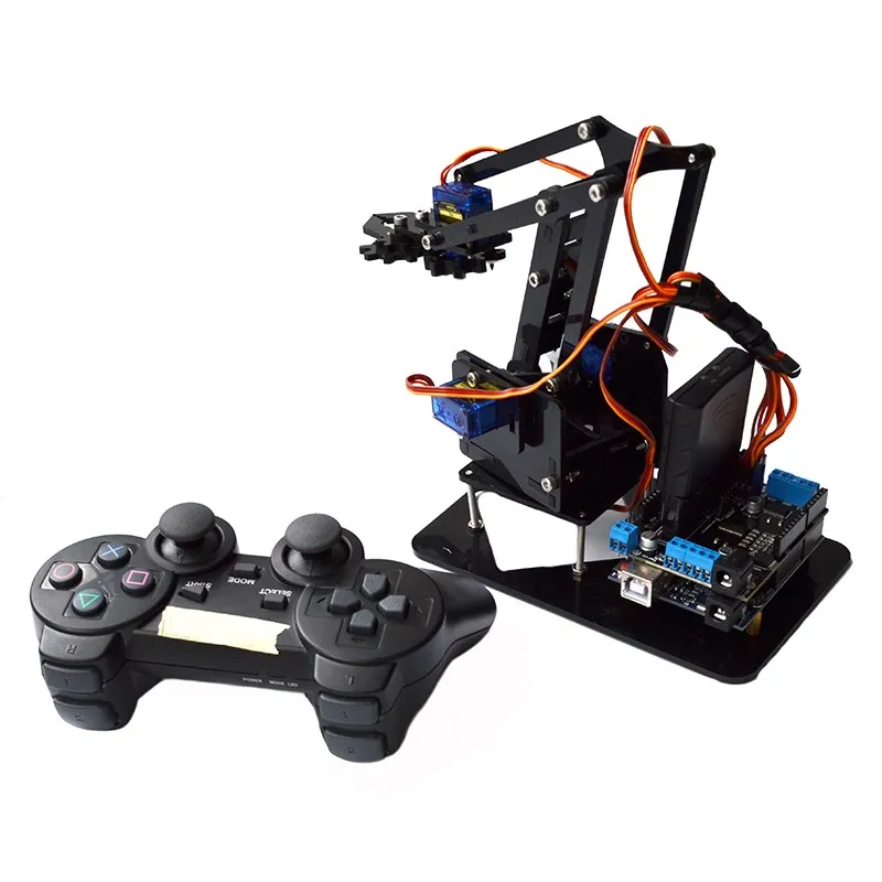 

Acrylic Mental Remote Control Robot Arm 4DOF With for Arduino PS2 RC Robot Toys with 2 Strong Motor Remote Controller RC Models